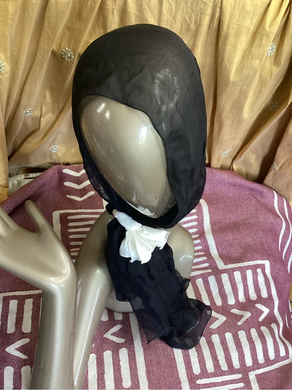 Nordstrom Black Sheer Silk Scarf with White Floral Knot Detail